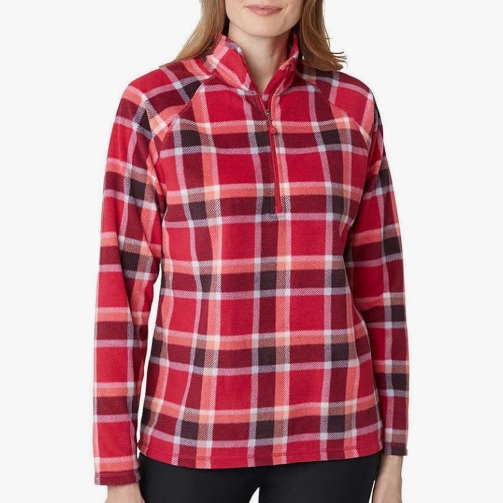 Eddie Bauer Red Plaid Ultra Soft Fleece 1/4 Zip Long Sleeve Pullover Top XS
